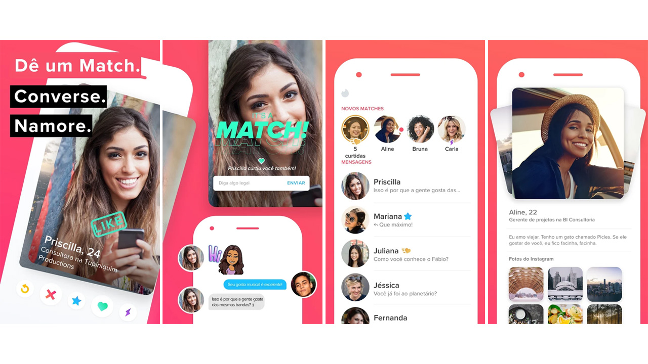 Quatro prints de tela do aplicativo de relacionamento Tinder