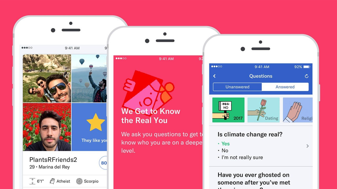 Três prints de tela mostrando o aplicativo de namoro OkCupid